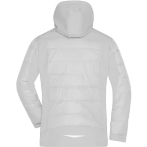 A soft shell men's outdoor hybrid jacket in light grey, featuring a hood and a stitched back design.