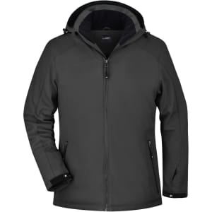 A soft shell jacket in dark grey with a hood and zip pockets. Features a logo on the front.