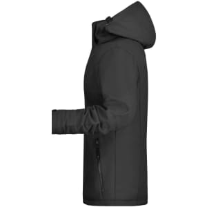 A soft shell jacket in black, featuring a hood and zippered pockets, displayed from a side view.