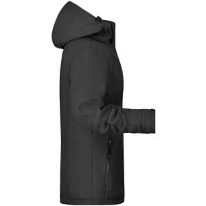 A black soft shell jacket with a hood, featuring a side view and a logo on the front.