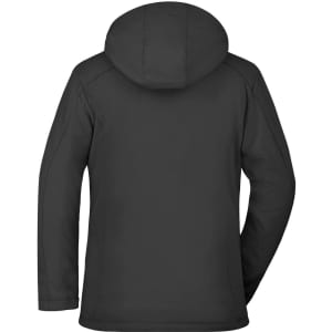 A black soft shell jacket with a hood, featuring a simple design and long sleeves. It has a logo on the back.