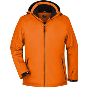 An orange soft shell jacket with a hood, featuring zippered pockets and a black interior.