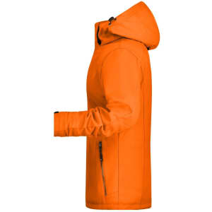 An orange soft shell jacket with a hood, featuring a zip pocket and a logo on the sleeve.
