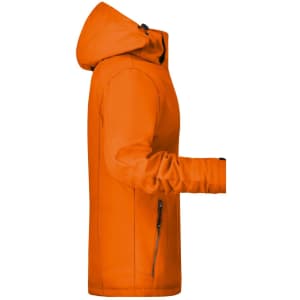 An orange soft shell jacket with a hood, featuring a zip pocket and a sleek design.