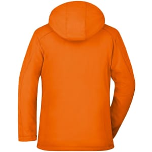 A soft shell jacket in bright orange with a hood, featuring a logo on the back.