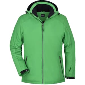 A green soft shell jacket with a hood, featuring zippered pockets and a logo on the chest.