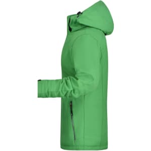 A green ladies soft shell jacket with a hood, featuring a side zipper and a fitted design.