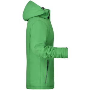 A green soft shell jacket with a hood, featuring a zippered pocket and a logo on the sleeve.