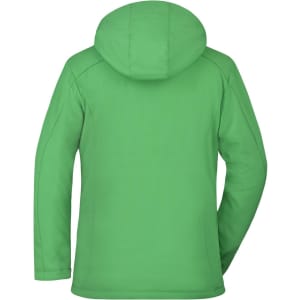 A bright green soft shell jacket featuring a hood and a clean design, with a logo on the back.