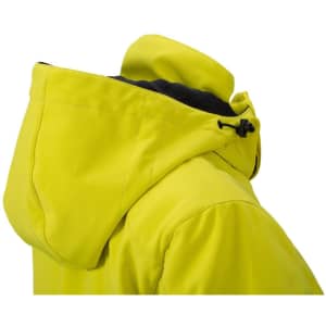A bright yellow soft shell jacket with a hood and black lining, featuring a logo on the side.