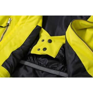 A soft shell jacket in vibrant yellow and black, featuring zippers and snap buttons. It includes a logo.