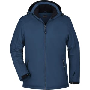 A soft shell ladies' jacket in navy blue with a hood, featuring zippered pockets and a logo.