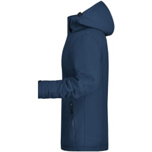 A soft shell jacket in navy blue with a hood and side zip pockets. Features a logo on the jacket.
