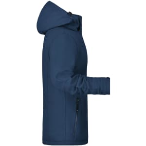 A navy soft shell jacket with a hood, featuring a zipper and a side profile view. It has a logo on it.