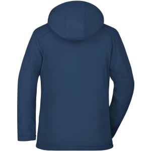 A soft shell jacket in navy blue with a hood, featuring a logo on the back.