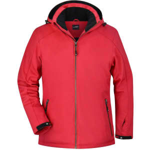 A red ladies soft shell jacket with a black hood and zippered pockets, featuring a logo on the front.