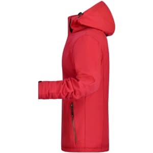 A red soft shell jacket with a hood, featuring a side view showcasing its design and zippered pockets.