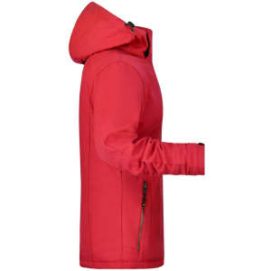 A red ladies soft shell jacket with a hood, featuring zippered pockets and a branded logo.