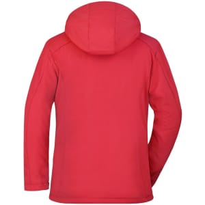 A red soft shell jacket designed for winter sports, featuring a hood and a simple back view.