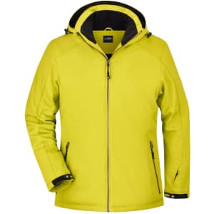 A bright yellow soft shell jacket featuring a hood and zippered pockets, with contrasting black detailing.