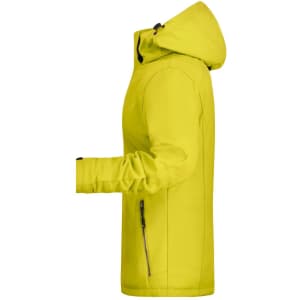 A soft shell jacket in vibrant yellow with a hood and side zip pockets, featuring a discreet logo.