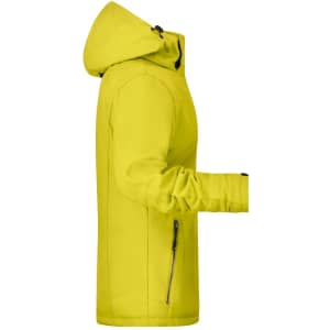 A bright yellow ladies' soft shell jacket featuring a hood and side zip pocket.
