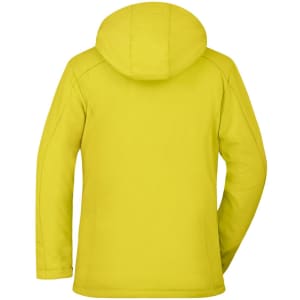 A bright yellow ladies soft shell jacket with a hood, featuring a plain back design.