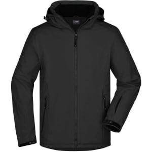 A black mens winter sport jacket featuring a hood, zip closure, and side pockets. It has a logo on the chest.