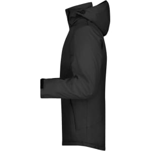 A black men's wintersport jacket with a hood, featuring a side view and a logo on the sleeve.