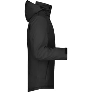 A black men's winter sport jacket with a hood, featuring a side view and a streamlined design.