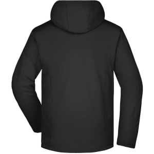 A black men's winter sport jacket with a hood, featuring long sleeves and a simple design.