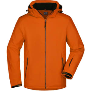 An orange men's winter sport jacket featuring a hood and zippered pockets, with a logo on the front.