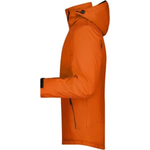 An orange men's wintersport jacket with a hood, featuring a logo and side zip pocket.