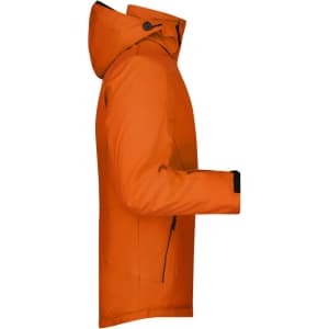 An orange men's winter sport jacket with a hood, featuring a side view and zippered pockets, and a logo.