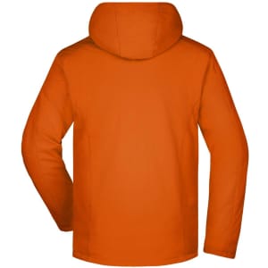 An orange men's wintersport jacket featuring a hood and long sleeves, with a logo on the back.