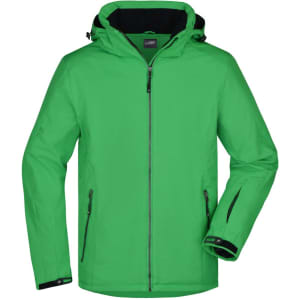 A bright green men's winter sport jacket with a hood, featuring pockets and a zip closure.