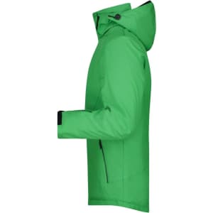 A green men's winter sport jacket with a hood and a logo, featuring a side view.