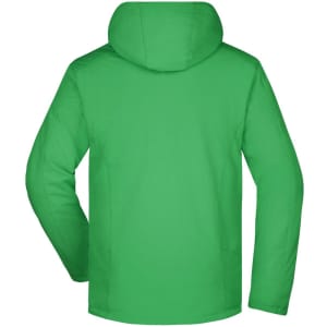 A green men's wintersport jacket featuring a hood and a plain back design. It includes a logo.