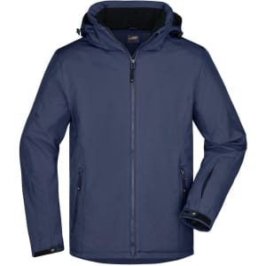 A navy winter sport jacket with a hood, featuring zip pockets and a zip closure, complete with a logo.