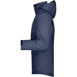 A navy men's wintersport jacket featuring a hood and side zip pockets, with a branding logo.