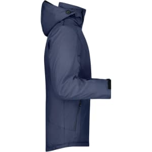 A men's winter sport jacket in navy blue, featuring a hood and zippered pockets. It has a logo on the sleeve.