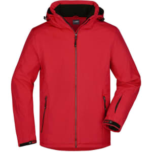 A red men's winter sport jacket featuring a hood, zippered pockets, and a logo on the chest.