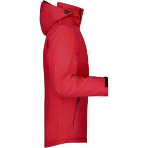 A red men's wintersport jacket with a hood, featuring a side view and a visible logo.