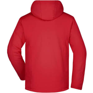 A red men's wintersport jacket featuring a hood and a simple design on the back. It has a logo present.