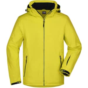 A bright yellow men's winter sport jacket with a hood and black accents, featuring zippered pockets and a logo.