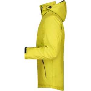 A men's winter sport jacket in bright yellow, featuring a hood and side zip pockets, with a logo on the sleeve.
