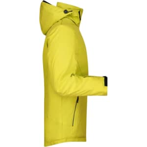 A yellow men's winter sport jacket with a hood and side pockets, featuring a logo.