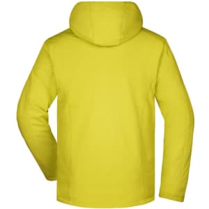 A yellow men's wintersport jacket with a hood, featuring a simple design and a branding logo on the back.