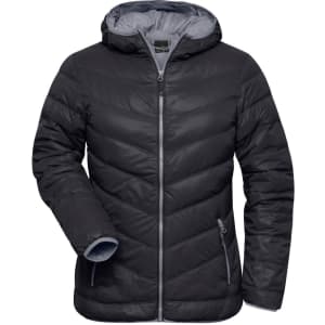 A black ladies down jacket with a hood, featuring a zip closure and contrasting grey lining.