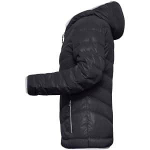 A ladies' down jacket in black, featuring a hood and puffer design with a zippered front and side pockets.